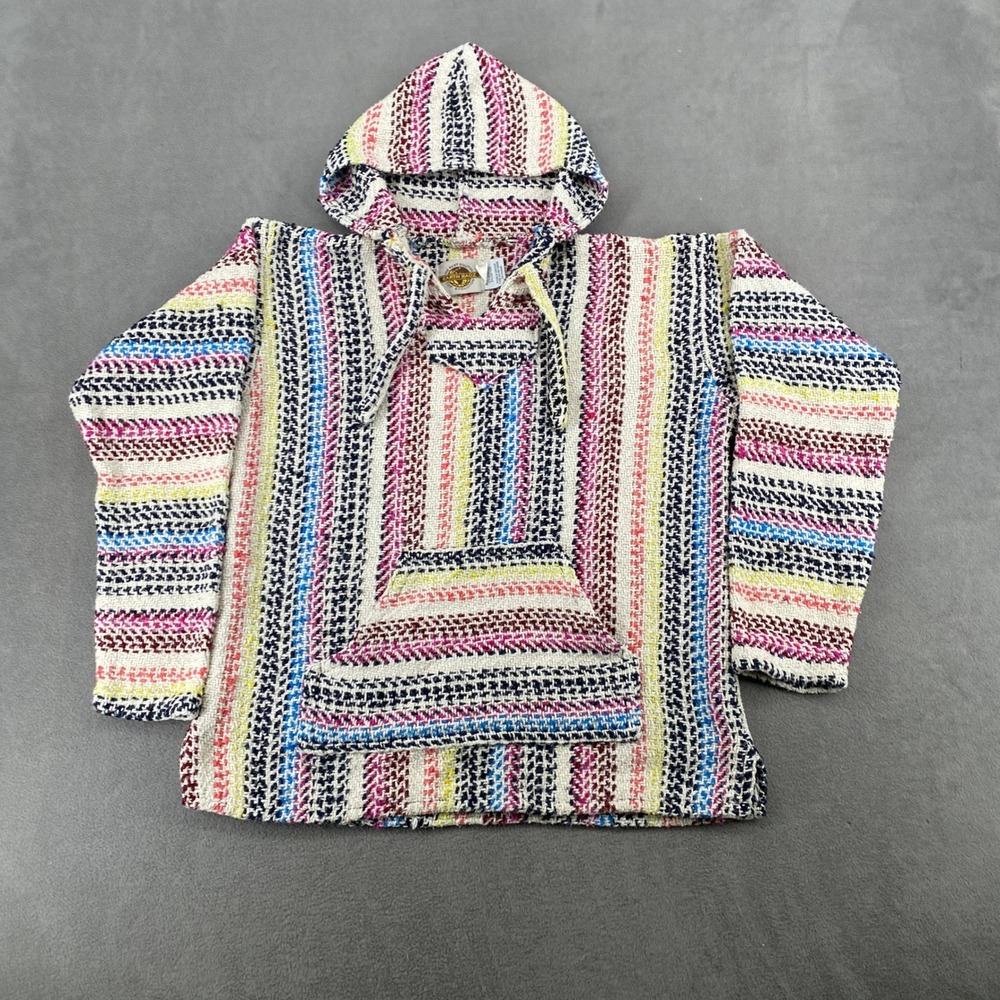 Earth Ragz Baja Hoodie Multi Color Striped Woven Drug Rug Pullover Mexican Style